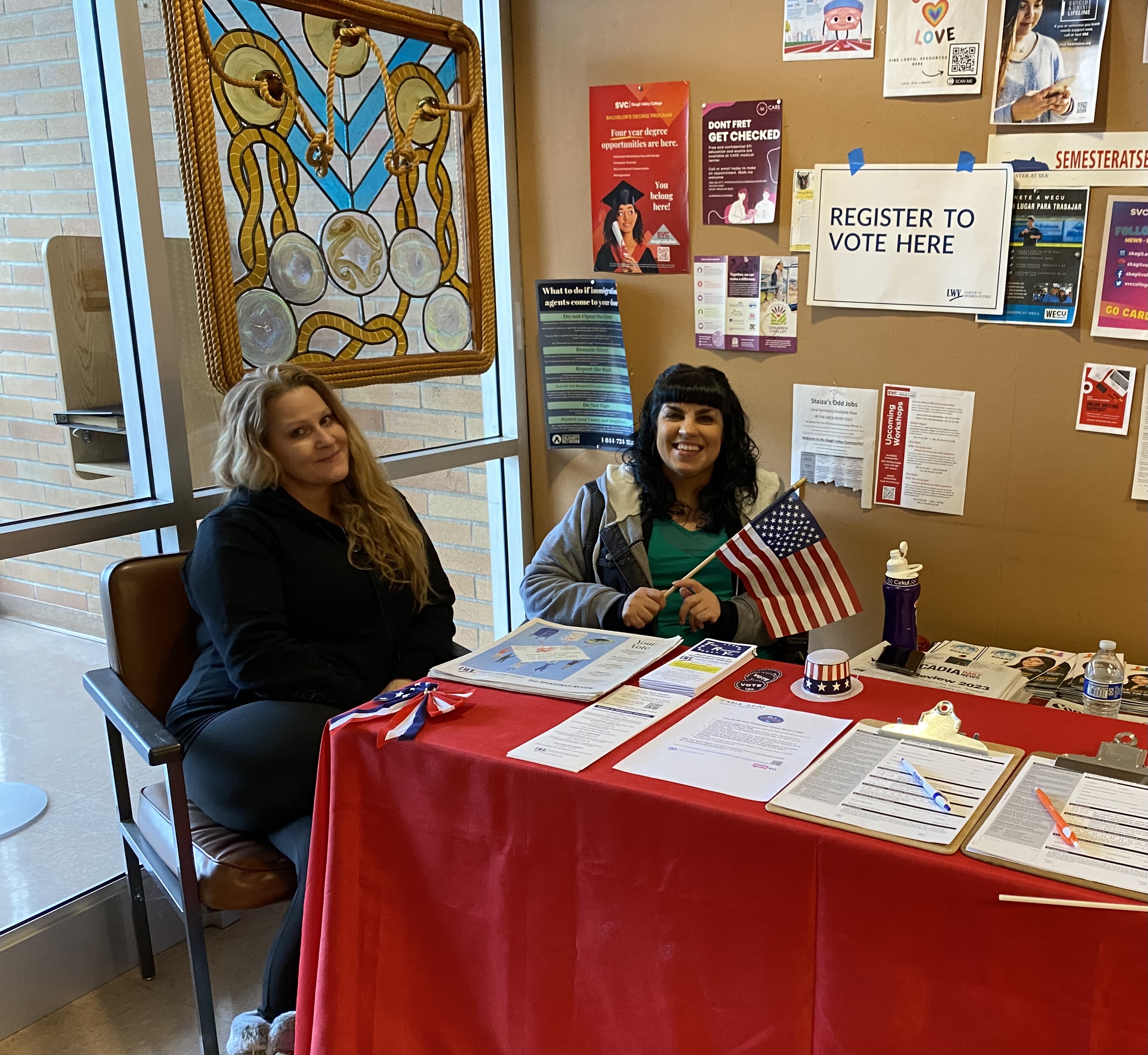 Mary Meyer and Genevieve Ward registering voters at Skagit Valley College on Jan 6, 2024